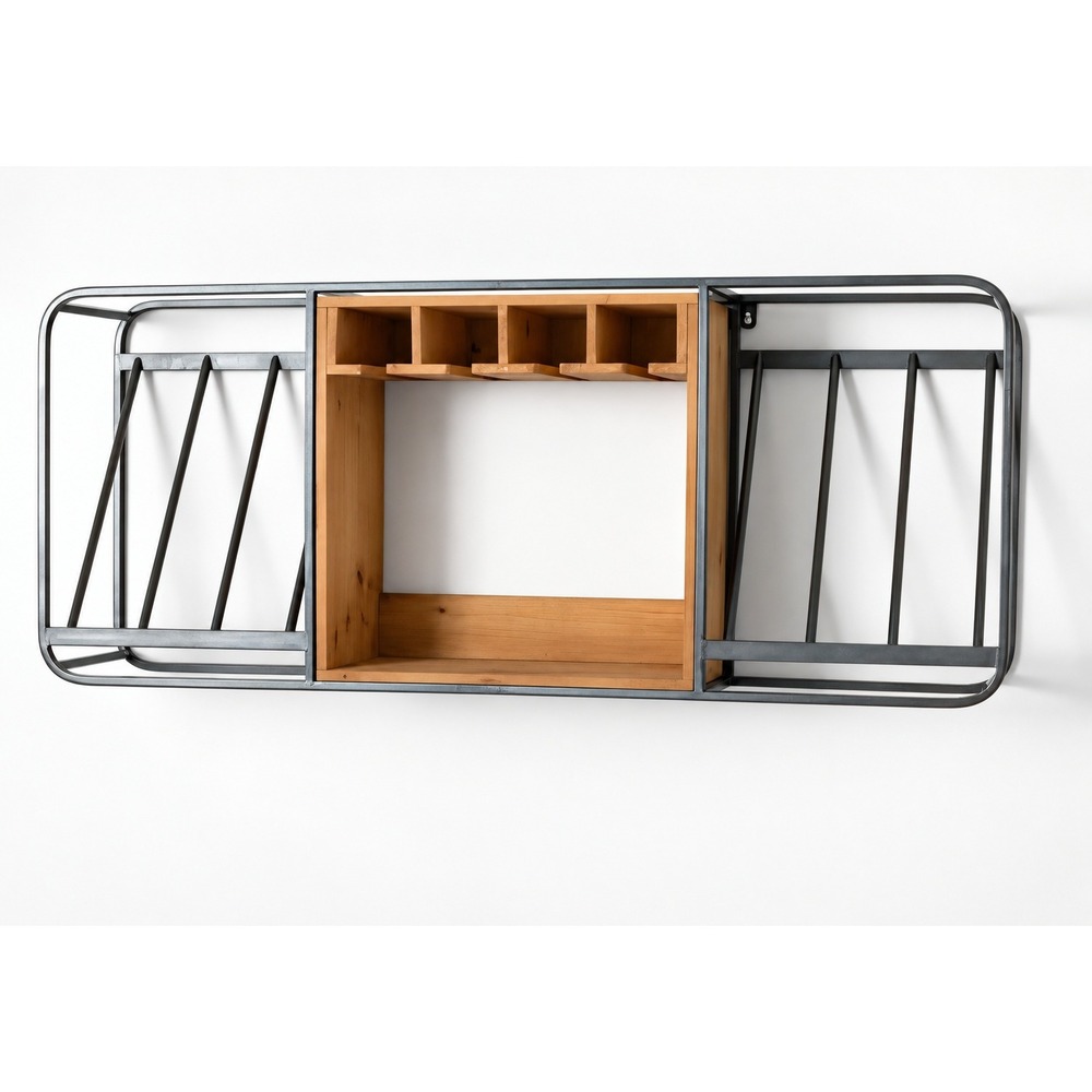 Industrial Wall Mounted Wine Rack Wood Metal Floating Bar Shelf Stemware Holder